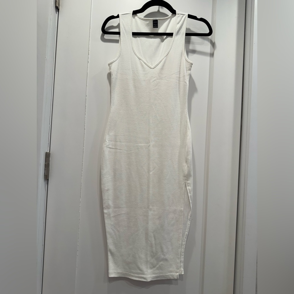 White Ribbed Midi Dress | Sleeveless Minimalist Bodycon | Side Slit